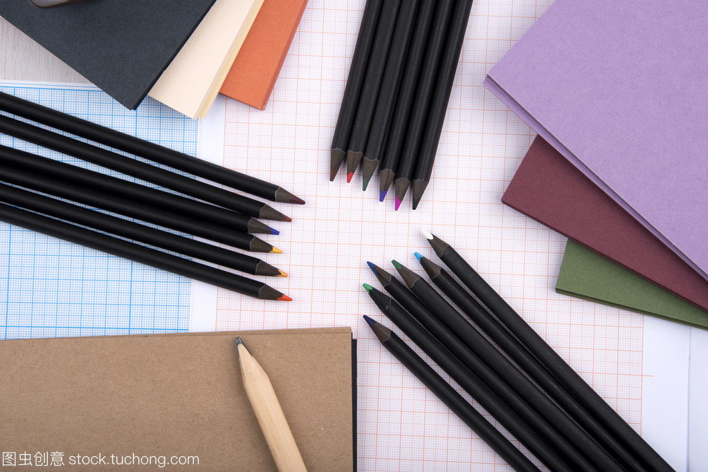 办公用品、 钢笔、 铅笔、 彩色的笔记本、 顶视图